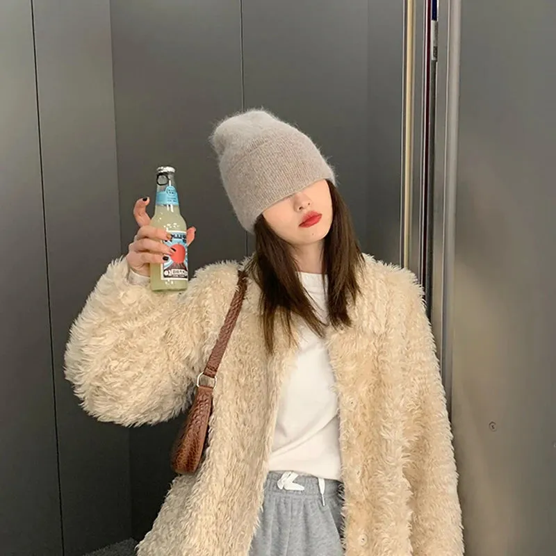 2024 Angora Winter Hat For Women Solid Color Real Rabbit Fur Beanies Woman Soft Knitted Bonnet Female Warm Ski Skullies Beanies