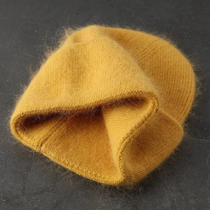 2024 Angora Winter Hat For Women Solid Color Real Rabbit Fur Beanies Woman Soft Knitted Bonnet Female Warm Ski Skullies Beanies