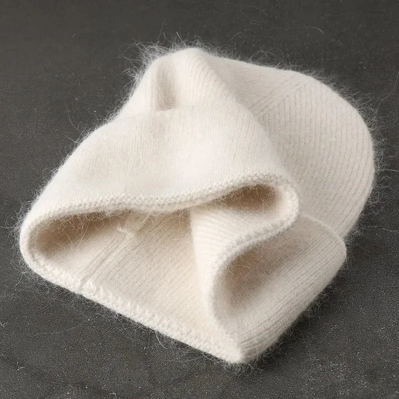 2024 Angora Winter Hat For Women Solid Color Real Rabbit Fur Beanies Woman Soft Knitted Bonnet Female Warm Ski Skullies Beanies