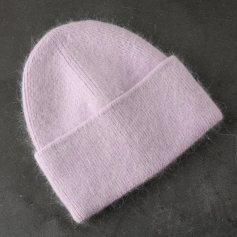 2024 Angora Winter Hat For Women Solid Color Real Rabbit Fur Beanies Woman Soft Knitted Bonnet Female Warm Ski Skullies Beanies