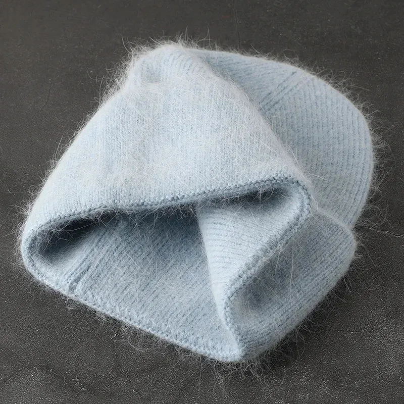 2024 Angora Winter Hat For Women Solid Color Real Rabbit Fur Beanies Woman Soft Knitted Bonnet Female Warm Ski Skullies Beanies