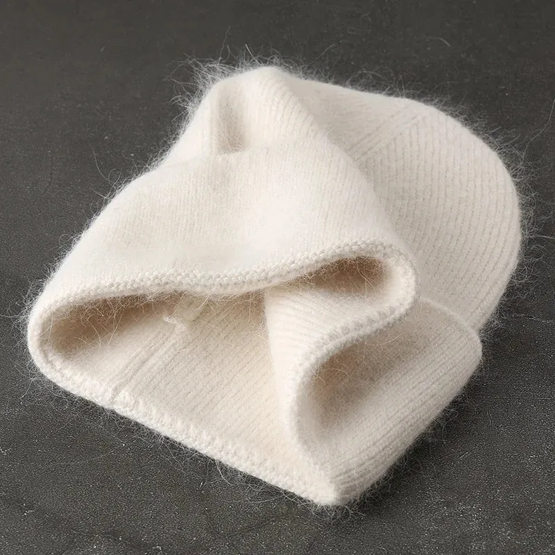 2024 Angora Winter Hat For Women Solid Color Real Rabbit Fur Beanies Woman Soft Knitted Bonnet Female Warm Ski Skullies Beanies