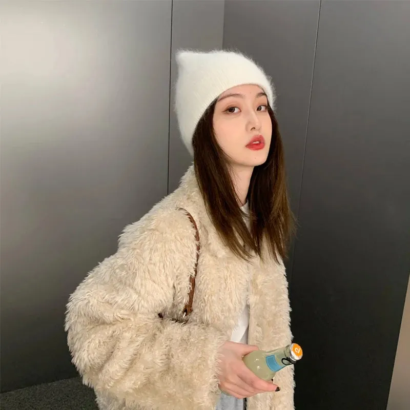 2024 Angora Winter Hat For Women Solid Color Real Rabbit Fur Beanies Woman Soft Knitted Bonnet Female Warm Ski Skullies Beanies
