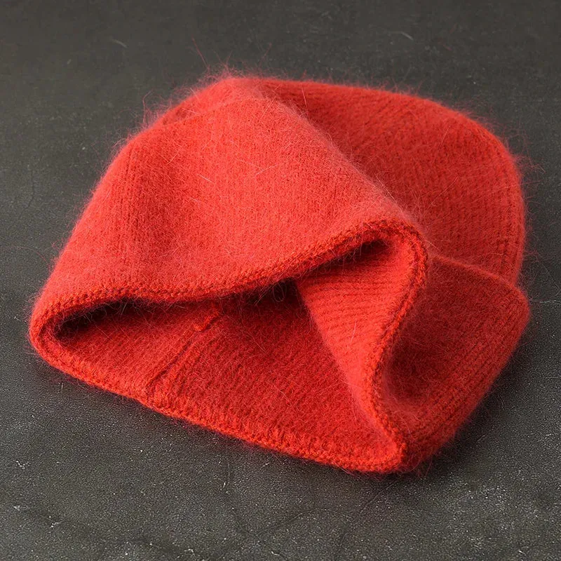2024 Angora Winter Hat For Women Solid Color Real Rabbit Fur Beanies Woman Soft Knitted Bonnet Female Warm Ski Skullies Beanies