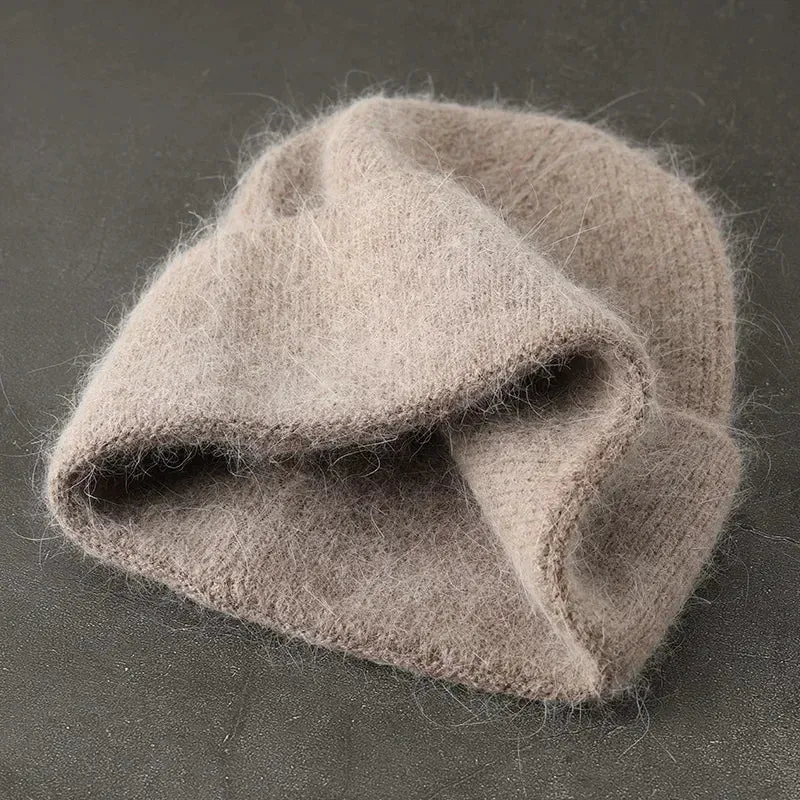 2024 Angora Winter Hat For Women Solid Color Real Rabbit Fur Beanies Woman Soft Knitted Bonnet Female Warm Ski Skullies Beanies