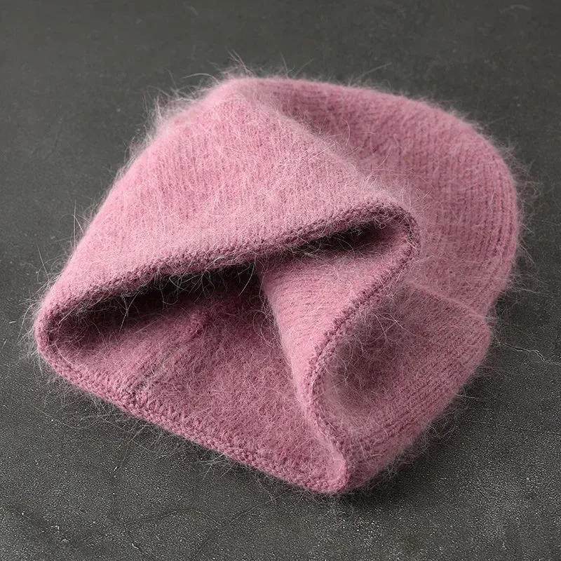 2024 Angora Winter Hat For Women Solid Color Real Rabbit Fur Beanies Woman Soft Knitted Bonnet Female Warm Ski Skullies Beanies