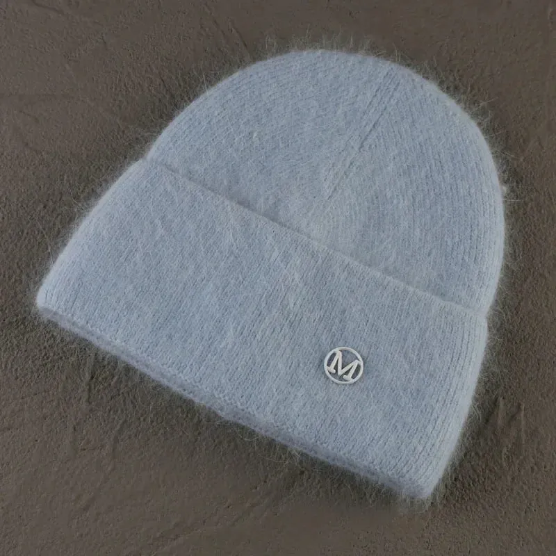 2024 Angora Winter Hat For Women Solid Color Real Rabbit Fur Beanies Woman Soft Knitted Bonnet Female Warm Ski Skullies Beanies