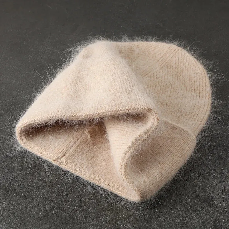 2024 Angora Winter Hat For Women Solid Color Real Rabbit Fur Beanies Woman Soft Knitted Bonnet Female Warm Ski Skullies Beanies