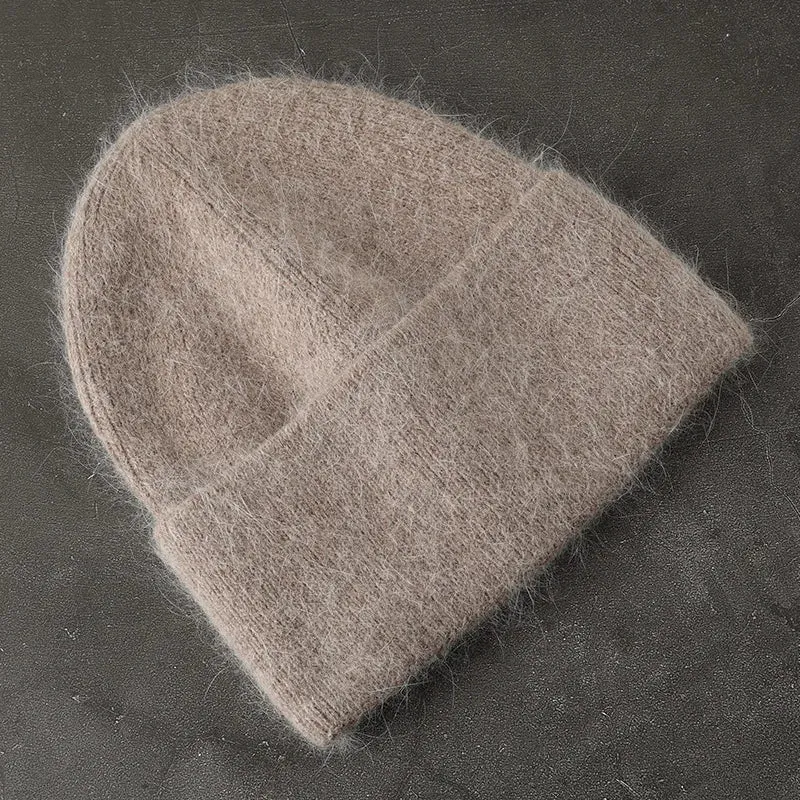 2024 Angora Winter Hat For Women Solid Color Real Rabbit Fur Beanies Woman Soft Knitted Bonnet Female Warm Ski Skullies Beanies