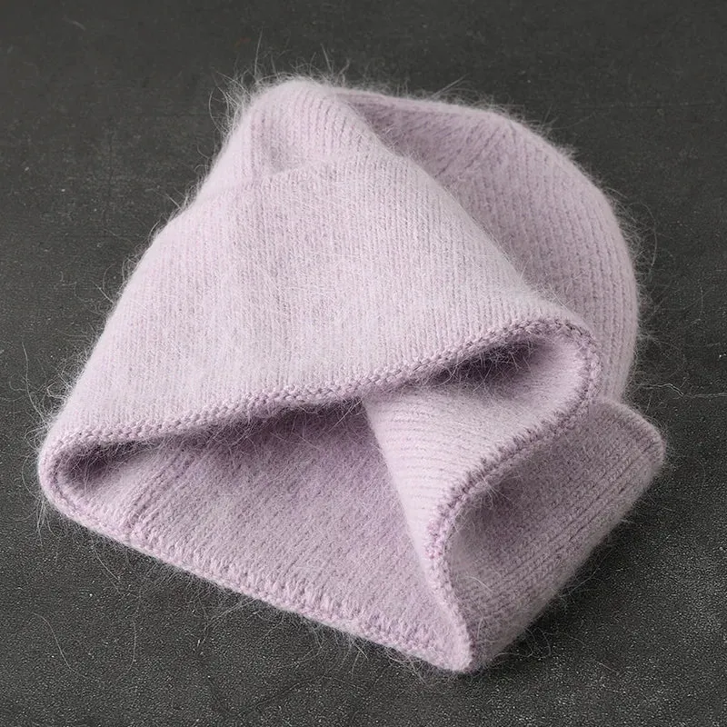 2024 Angora Winter Hat For Women Solid Color Real Rabbit Fur Beanies Woman Soft Knitted Bonnet Female Warm Ski Skullies Beanies