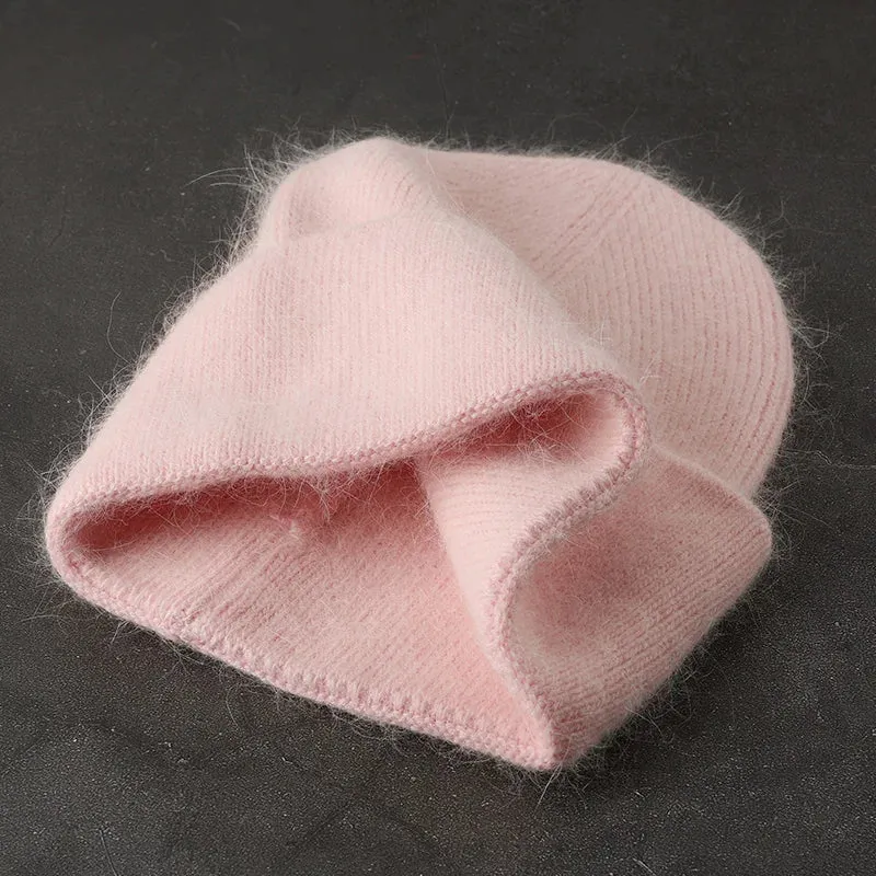 2024 Angora Winter Hat For Women Solid Color Real Rabbit Fur Beanies Woman Soft Knitted Bonnet Female Warm Ski Skullies Beanies