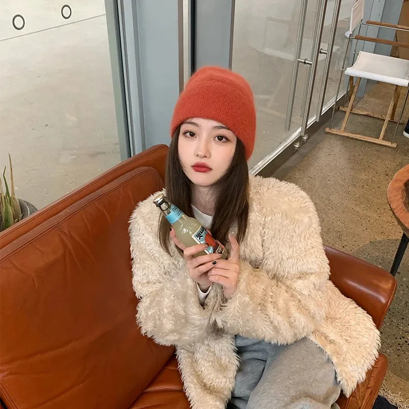 2024 Angora Winter Hat For Women Solid Color Real Rabbit Fur Beanies Woman Soft Knitted Bonnet Female Warm Ski Skullies Beanies