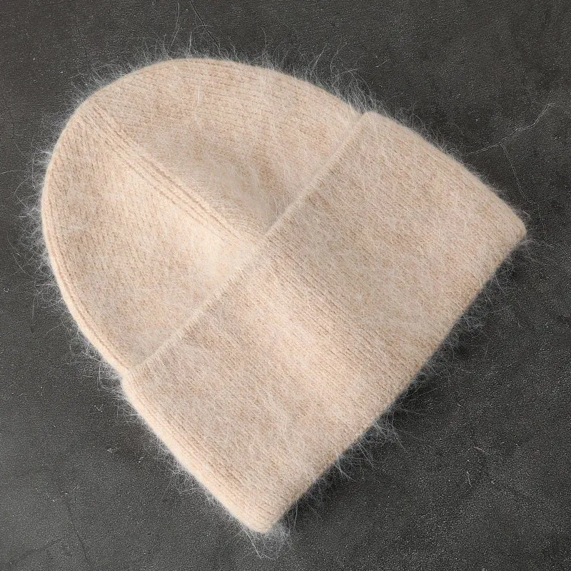 2024 Angora Winter Hat For Women Solid Color Real Rabbit Fur Beanies Woman Soft Knitted Bonnet Female Warm Ski Skullies Beanies
