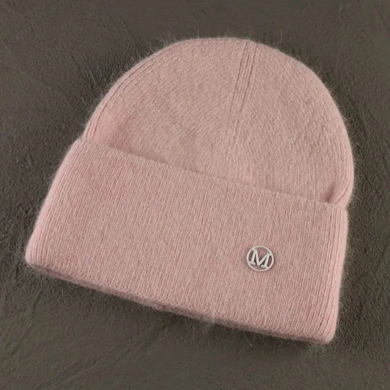 2024 Angora Winter Hat For Women Solid Color Real Rabbit Fur Beanies Woman Soft Knitted Bonnet Female Warm Ski Skullies Beanies