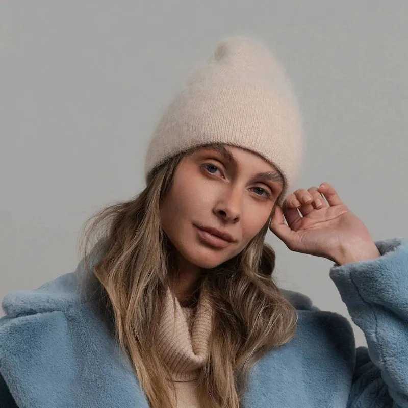 2024 Angora Winter Hat For Women Solid Color Real Rabbit Fur Beanies Woman Soft Knitted Bonnet Female Warm Ski Skullies Beanies