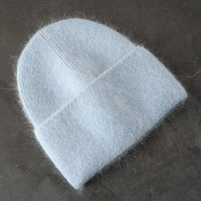 2024 Angora Winter Hat For Women Solid Color Real Rabbit Fur Beanies Woman Soft Knitted Bonnet Female Warm Ski Skullies Beanies