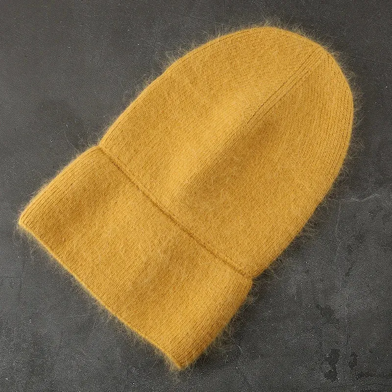2024 Angora Winter Hat For Women Solid Color Real Rabbit Fur Beanies Woman Soft Knitted Bonnet Female Warm Ski Skullies Beanies