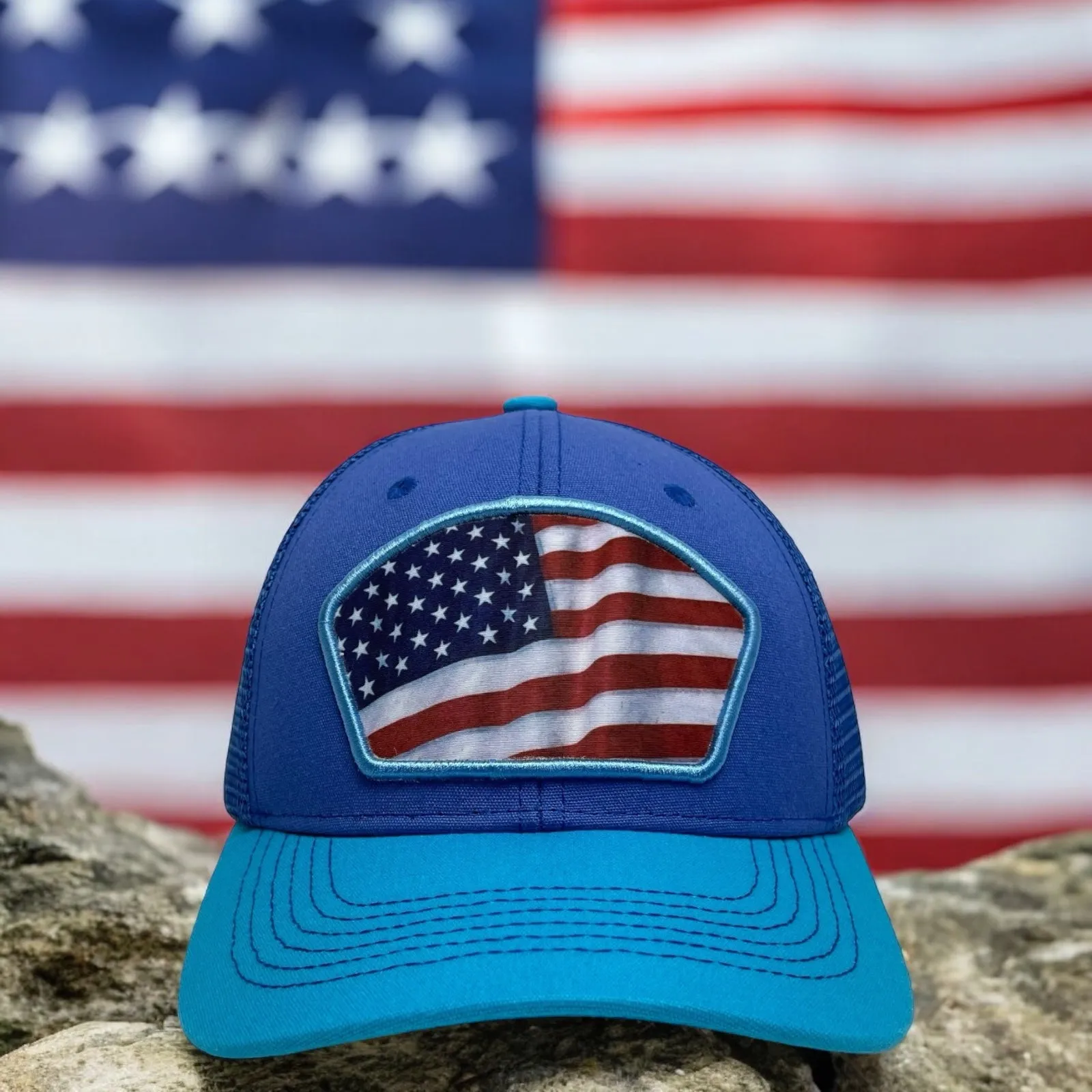 American Flag Trucker Snapback Cap – Blue, curved brim, Unisex