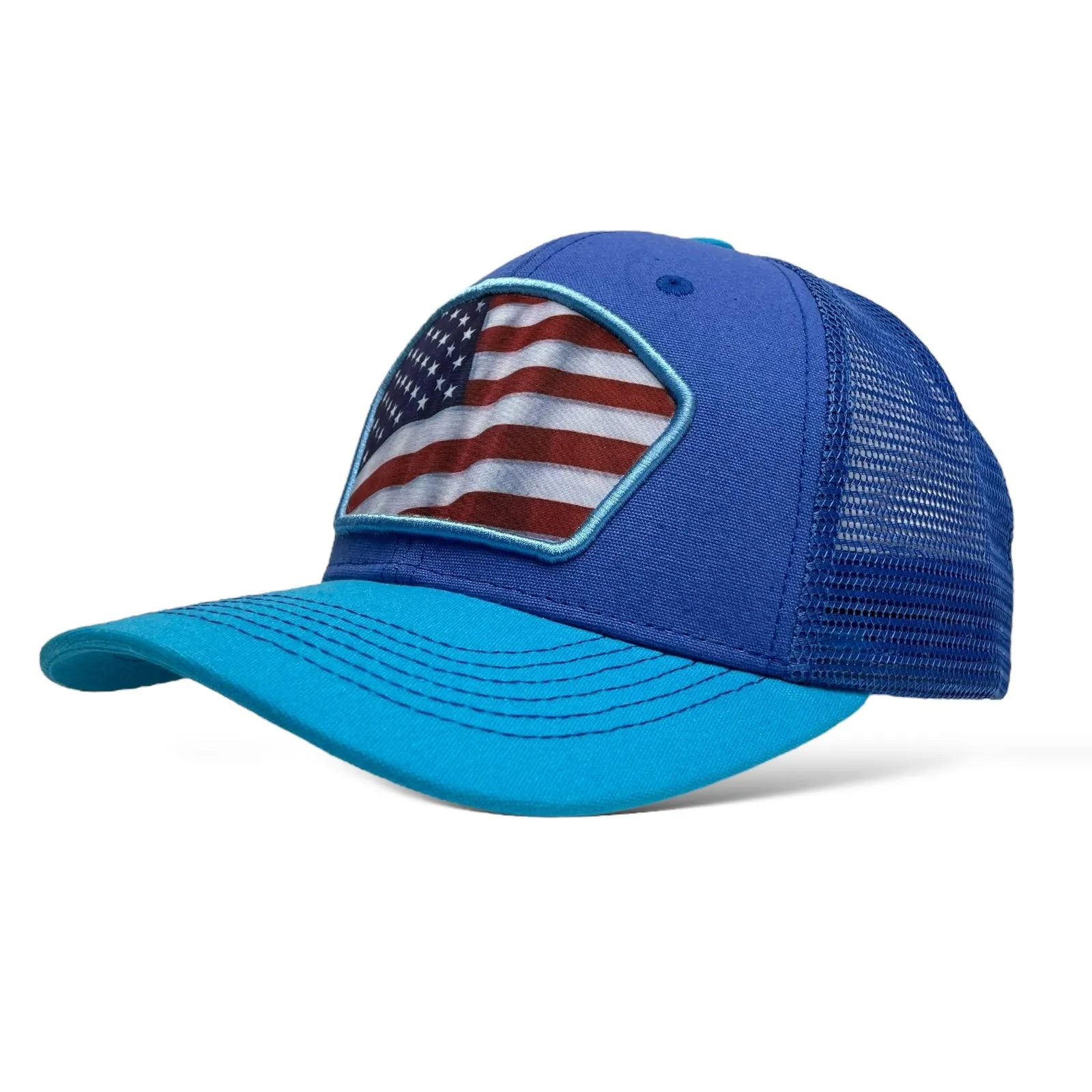 American Flag Trucker Snapback Cap – Blue, curved brim, Unisex