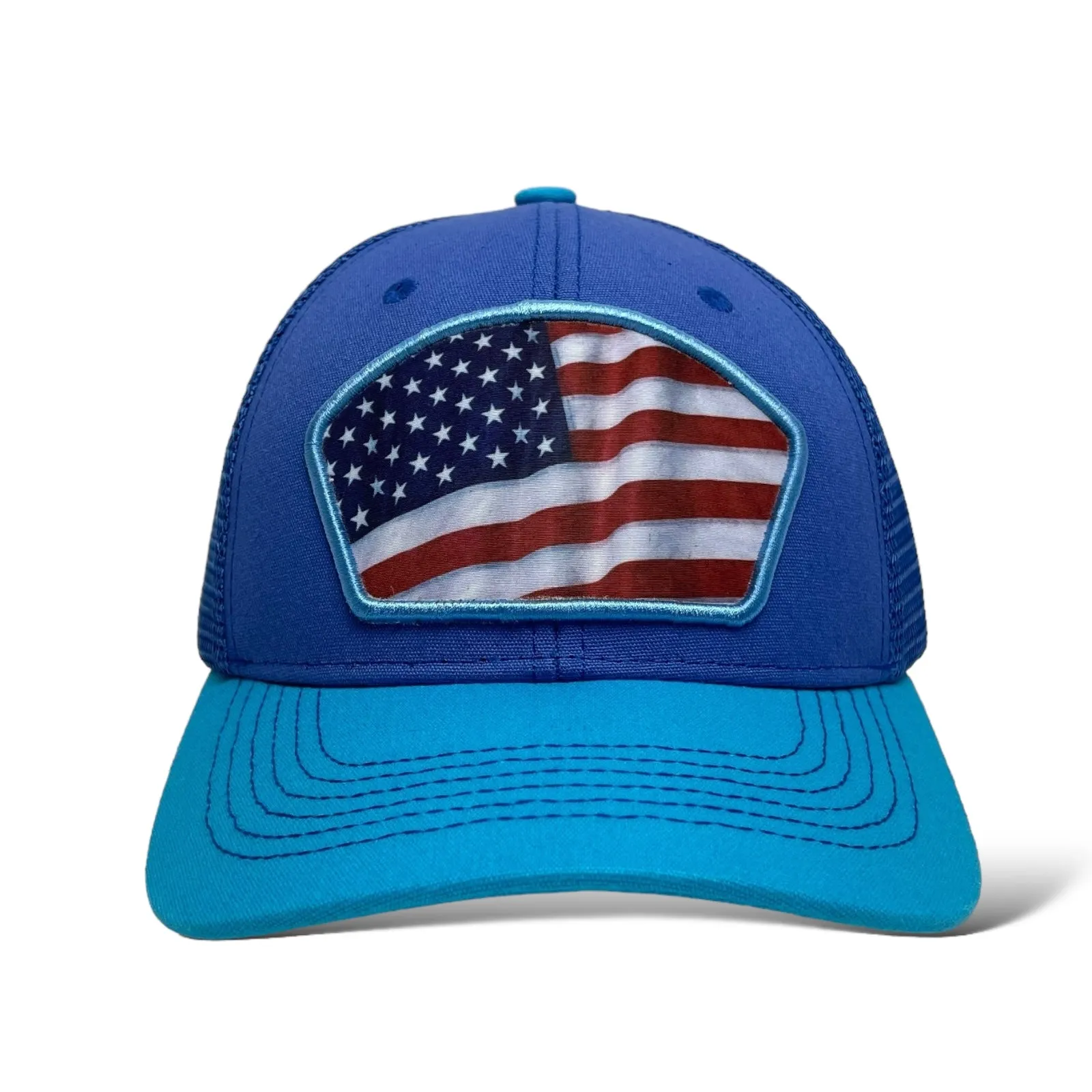 American Flag Trucker Snapback Cap – Blue, curved brim, Unisex