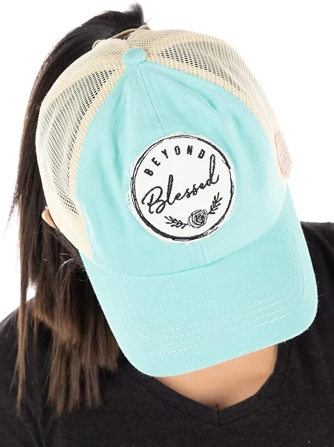 Beyond Blessed Criss Cross Saying Ponytail Hat by Funky Junque