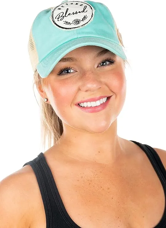 Beyond Blessed Criss Cross Saying Ponytail Hat by Funky Junque