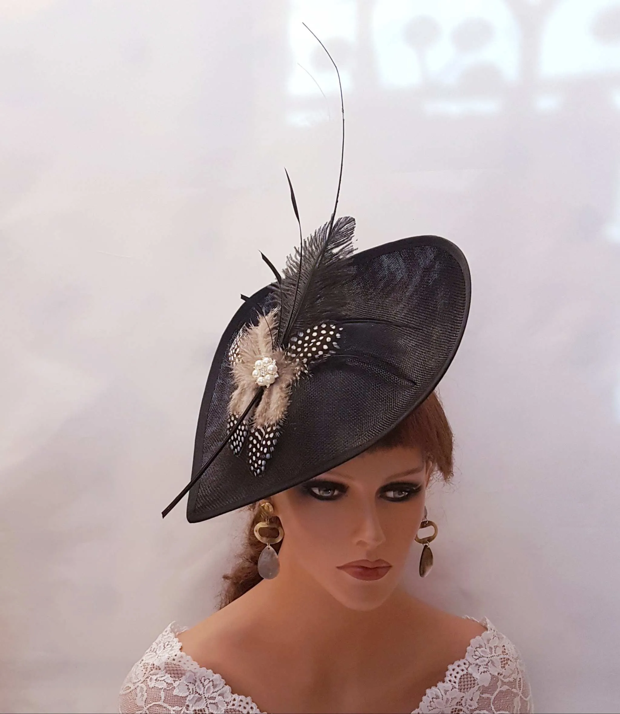 BLACK  HAT Fascinator with Long quill Feather Ostrich feather Womens  Wedding Ceremoney Hatinator Cocktail Ascot Hat fascinator Kentucky hat