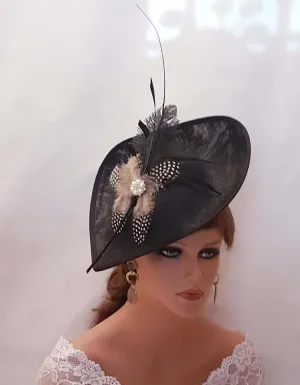 BLACK  HAT Fascinator with Long quill Feather Ostrich feather Womens  Wedding Ceremoney Hatinator Cocktail Ascot Hat fascinator Kentucky hat