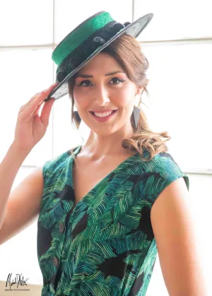 Black Straw Boater Hat for Women with Green Silk Band