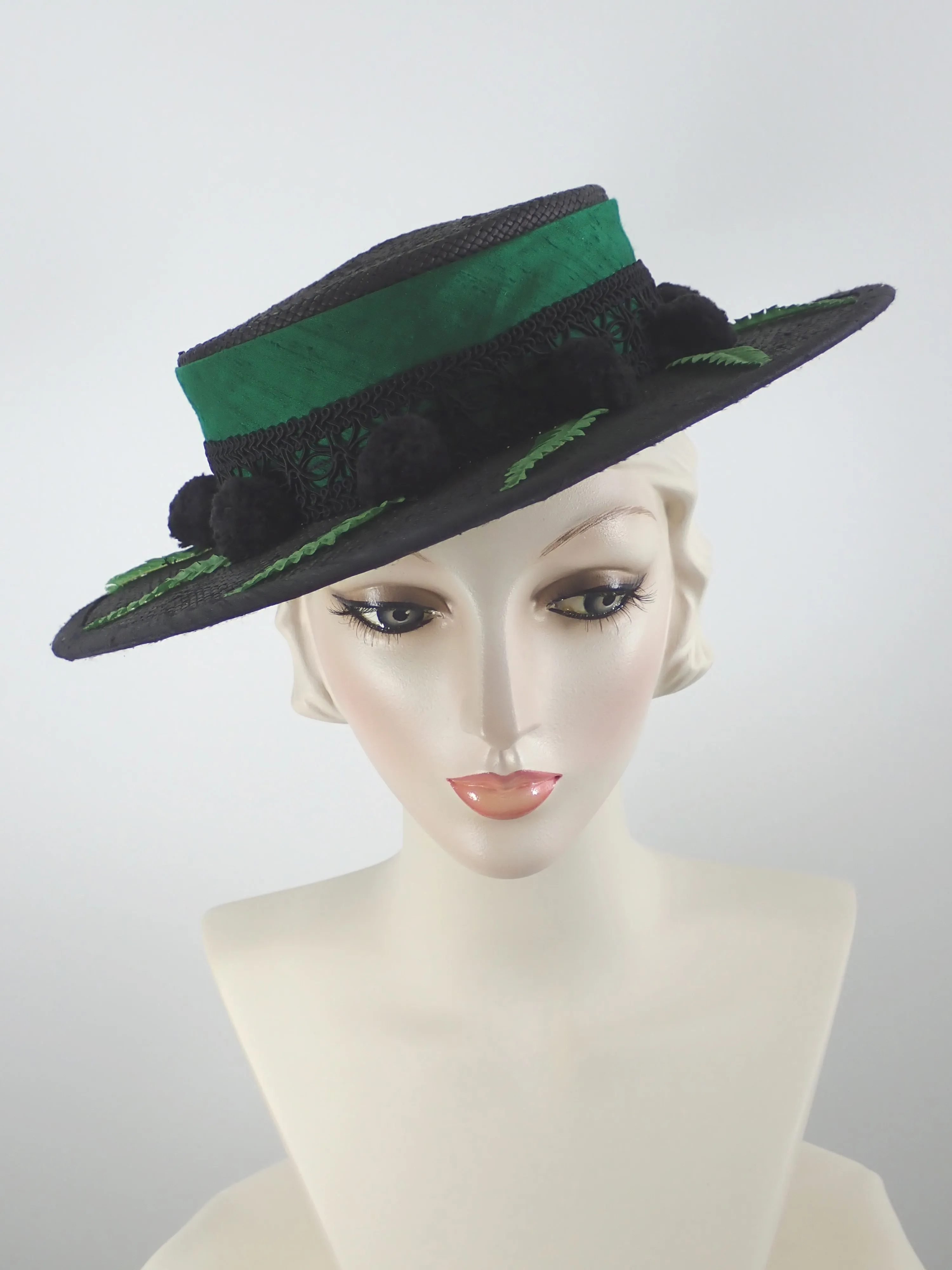 Black Straw Boater Hat for Women with Green Silk Band