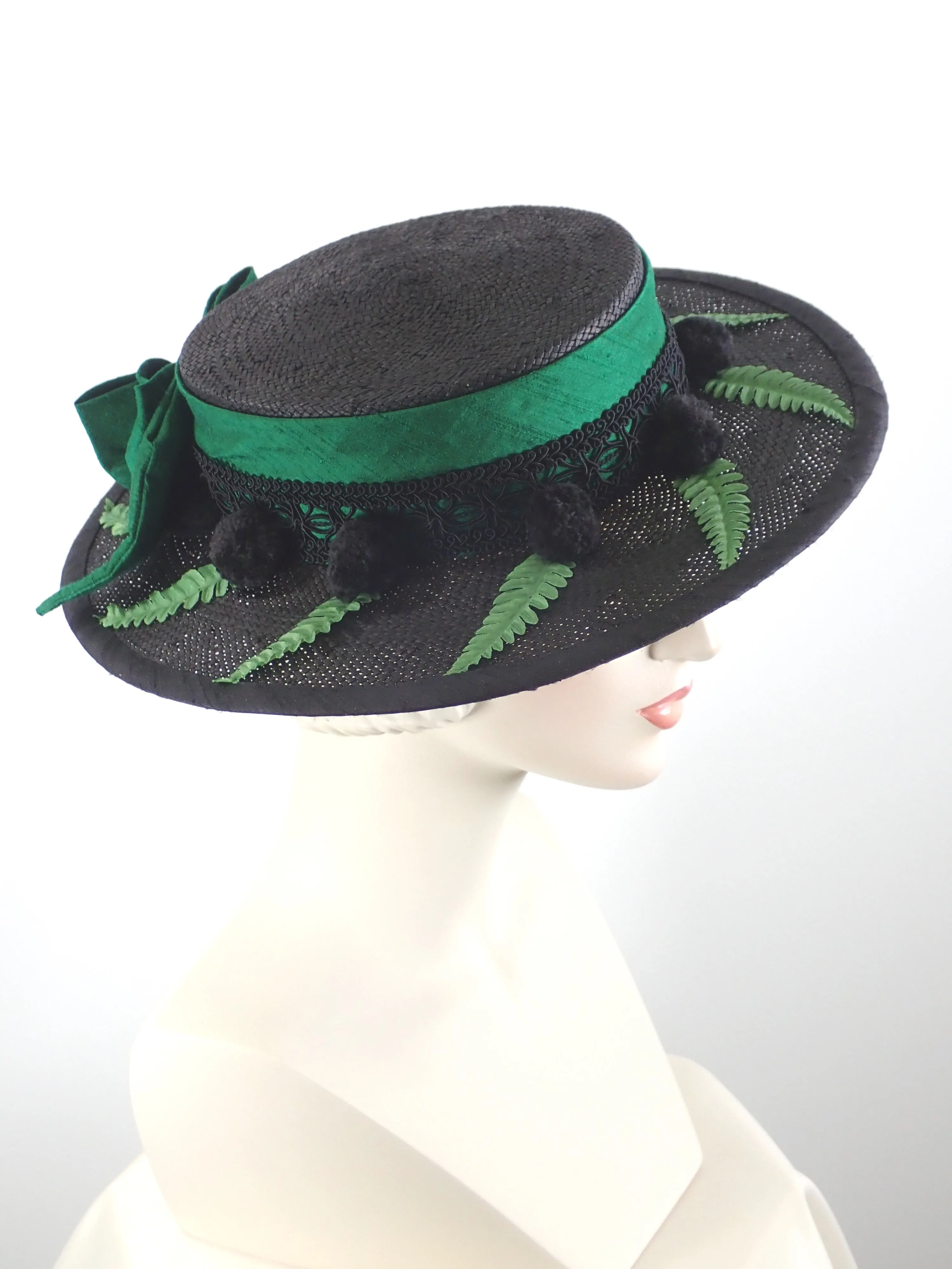 Black Straw Boater Hat for Women with Green Silk Band