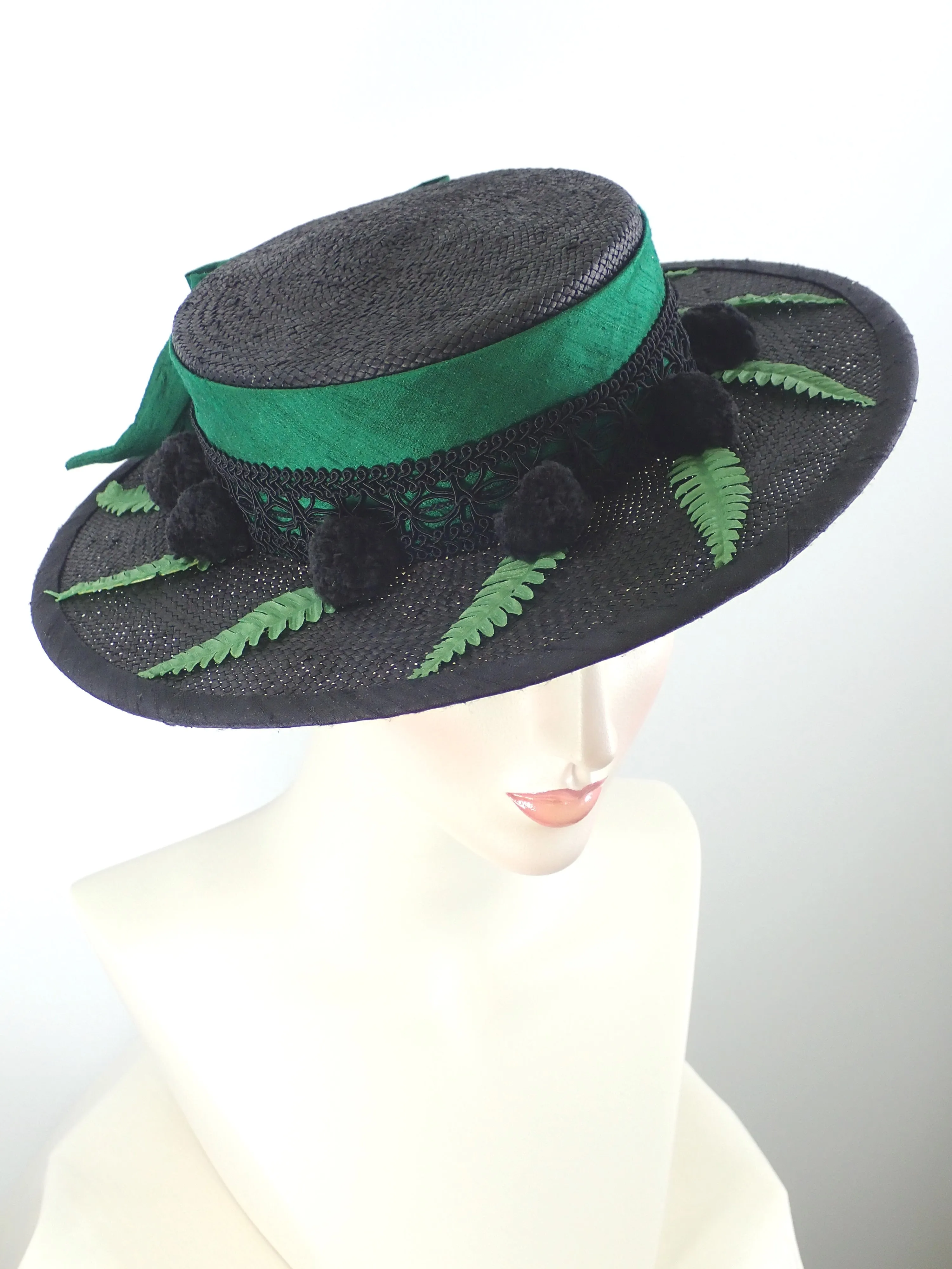 Black Straw Boater Hat for Women with Green Silk Band
