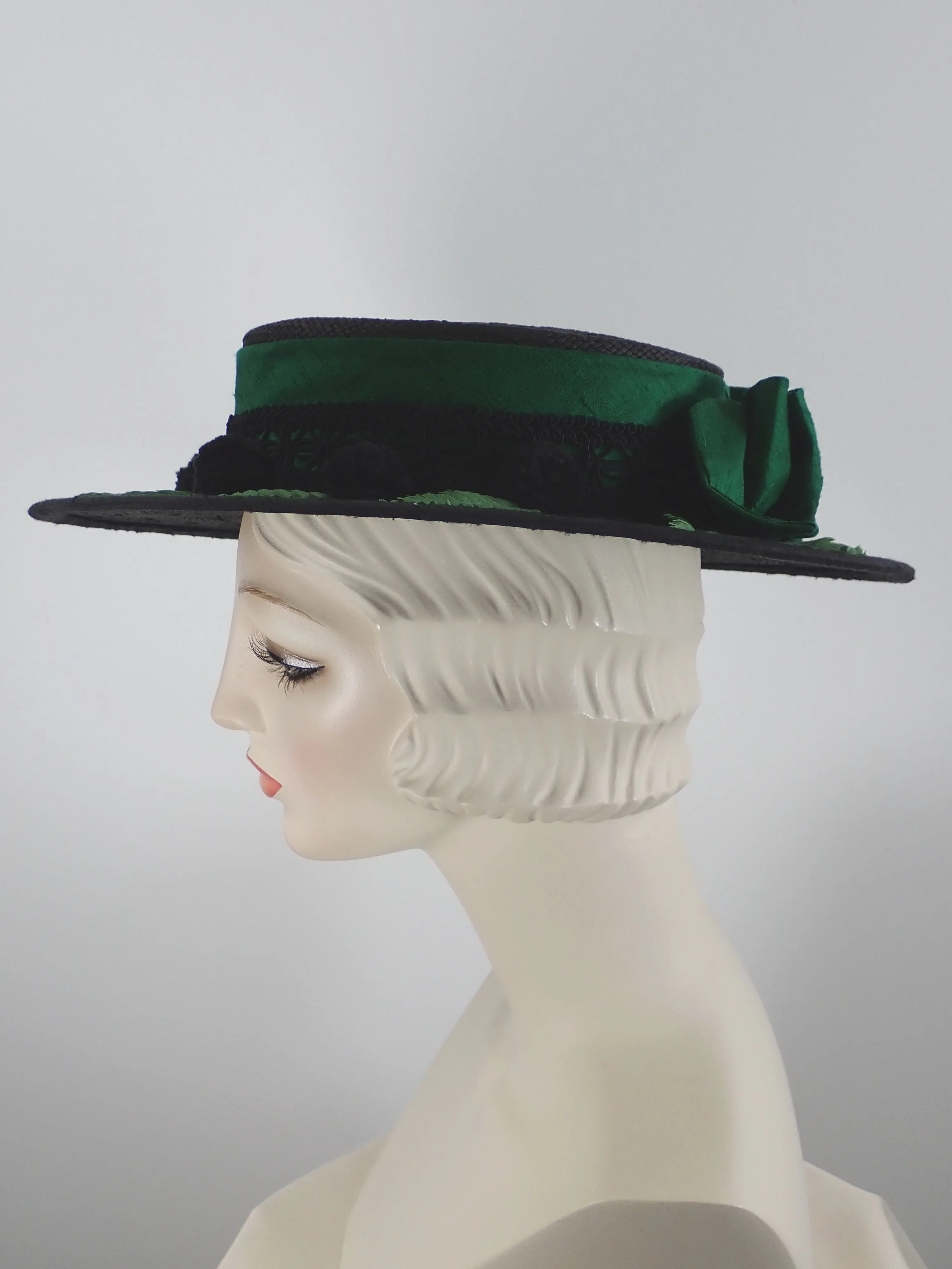 Black Straw Boater Hat for Women with Green Silk Band