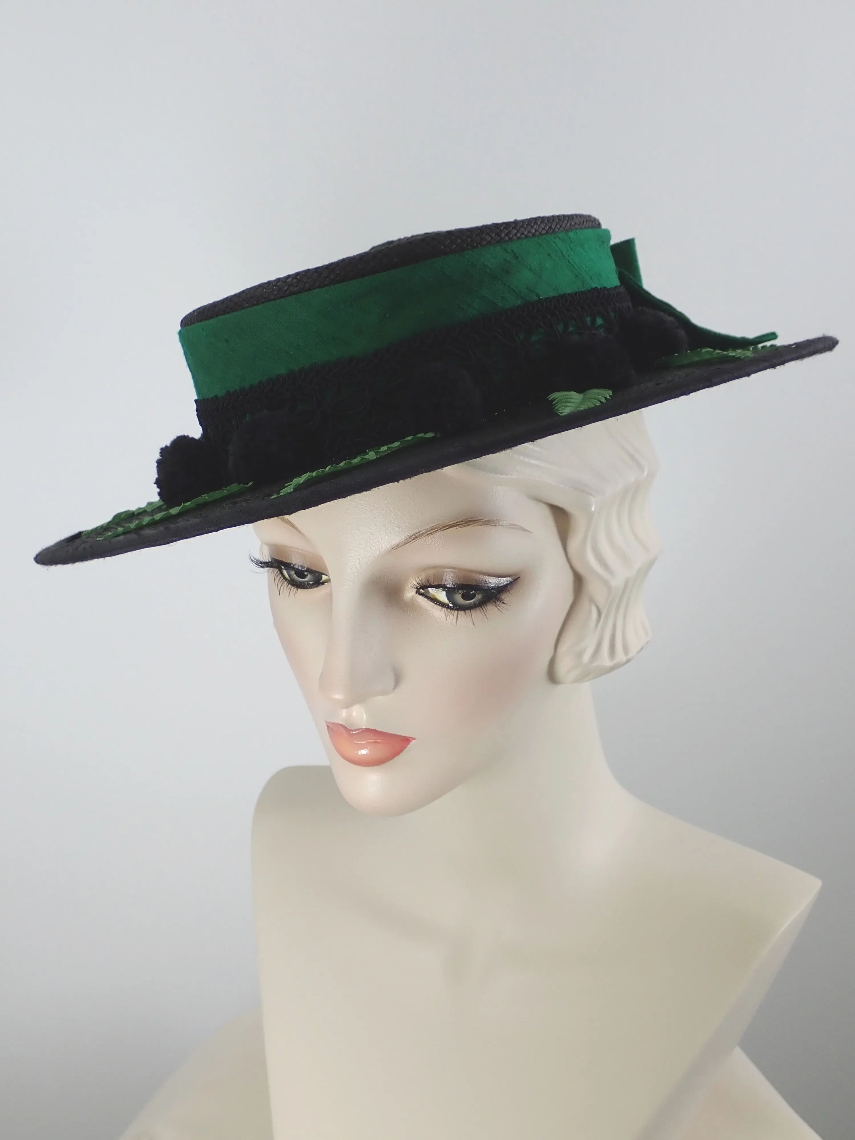 Black Straw Boater Hat for Women with Green Silk Band