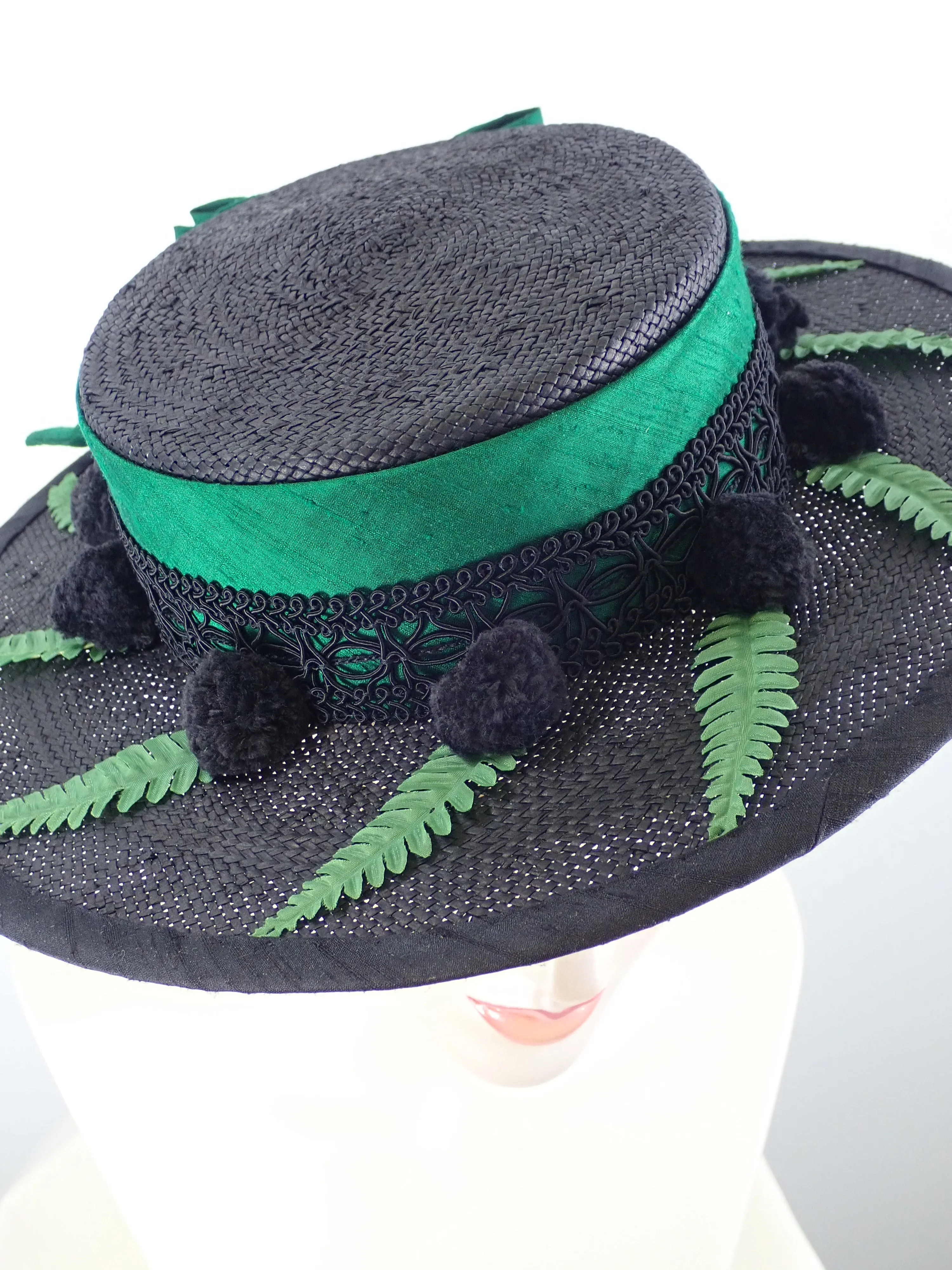 Black Straw Boater Hat for Women with Green Silk Band