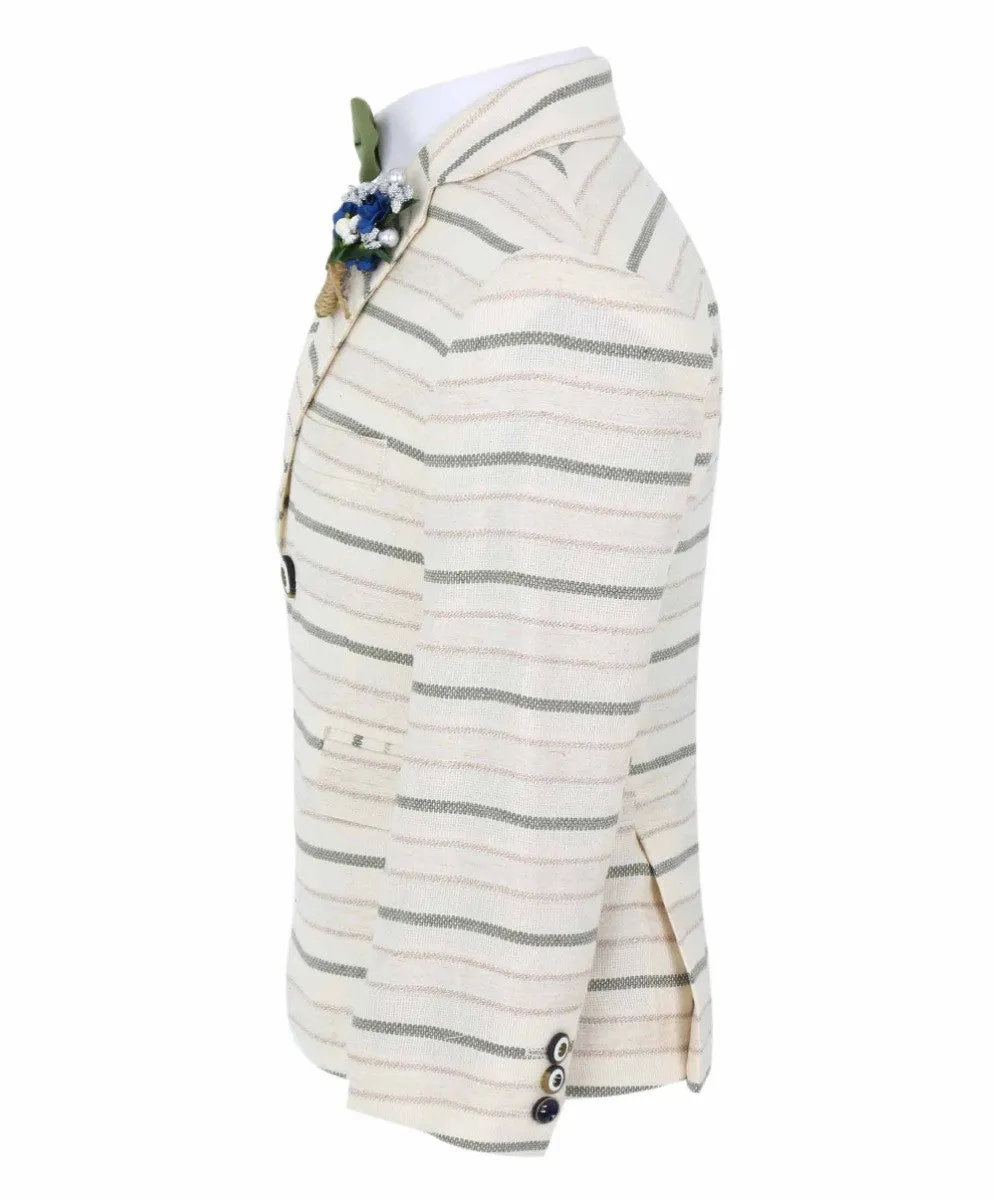 Boys Slim Fit Striped Blazer - Beige - Green