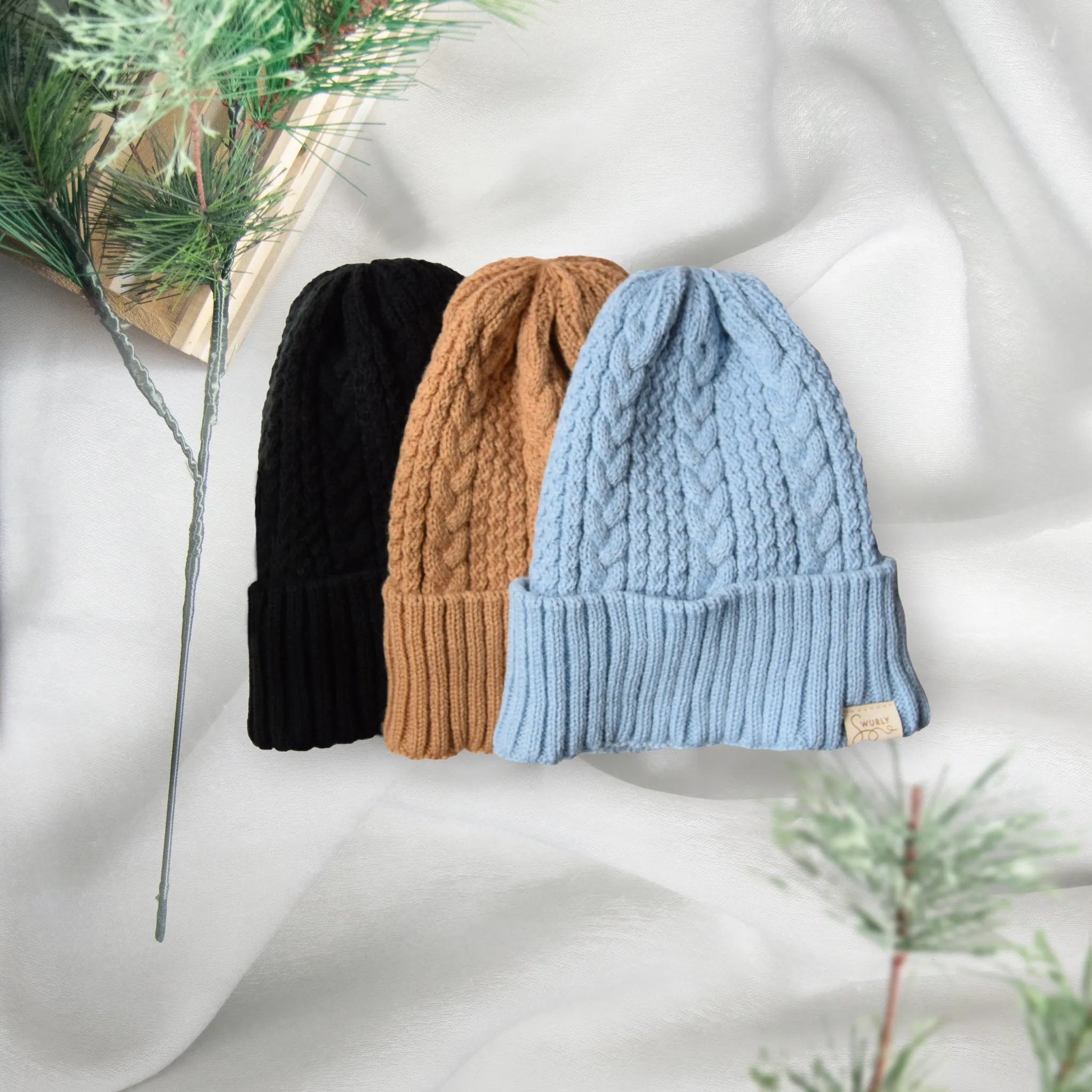 Cable Knit Silk Lined Hats - No Pom Pom