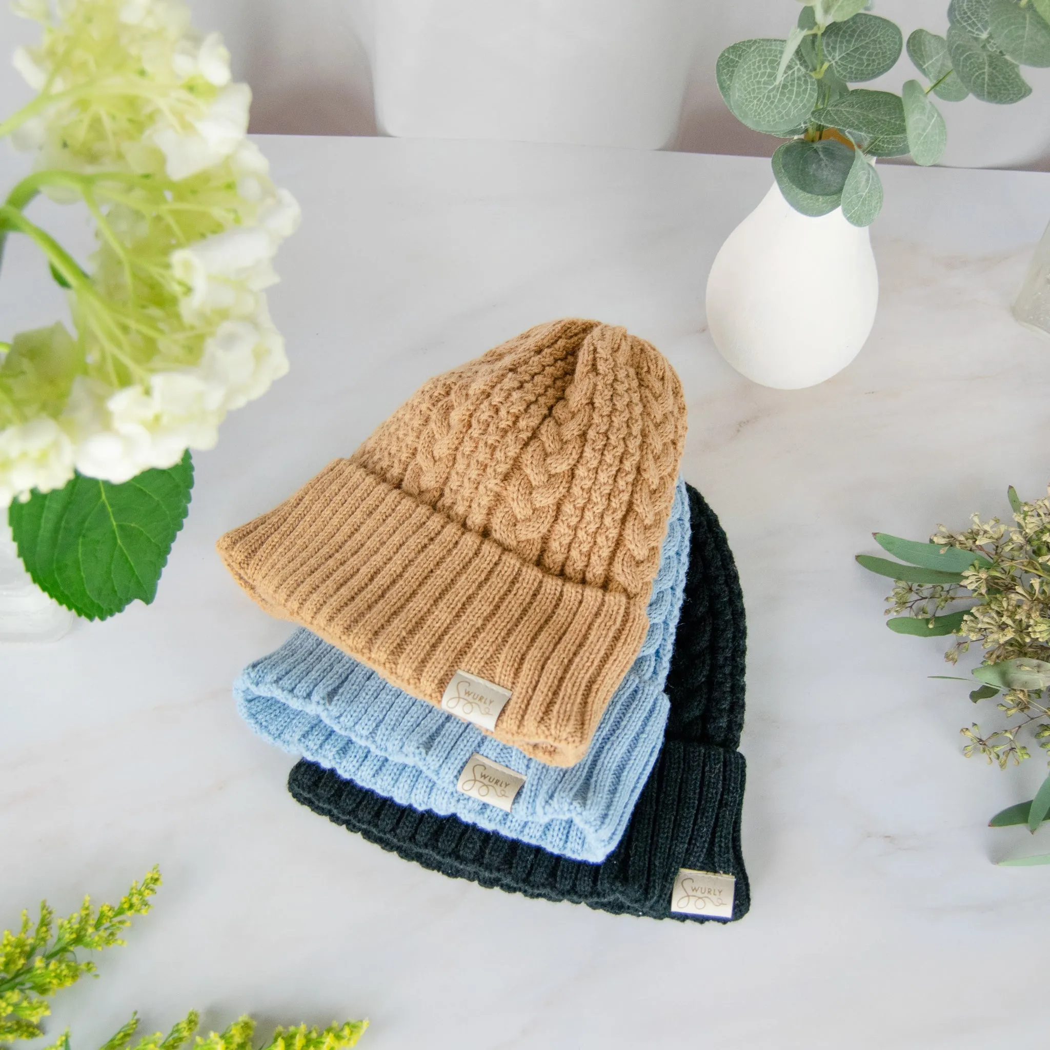 Cable Knit Silk Lined Hats - No Pom Pom