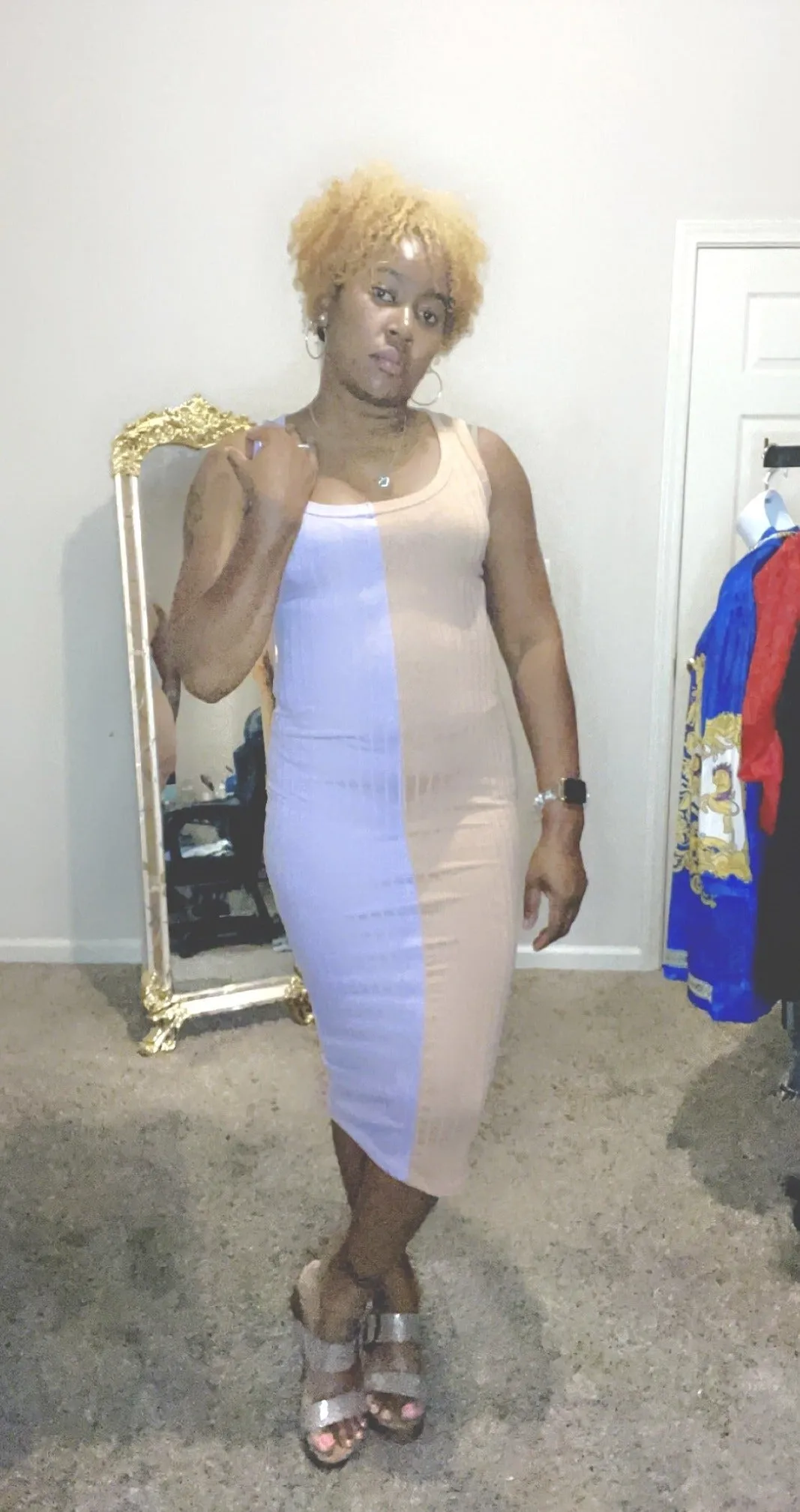 Casual Two-tone Midi Dress