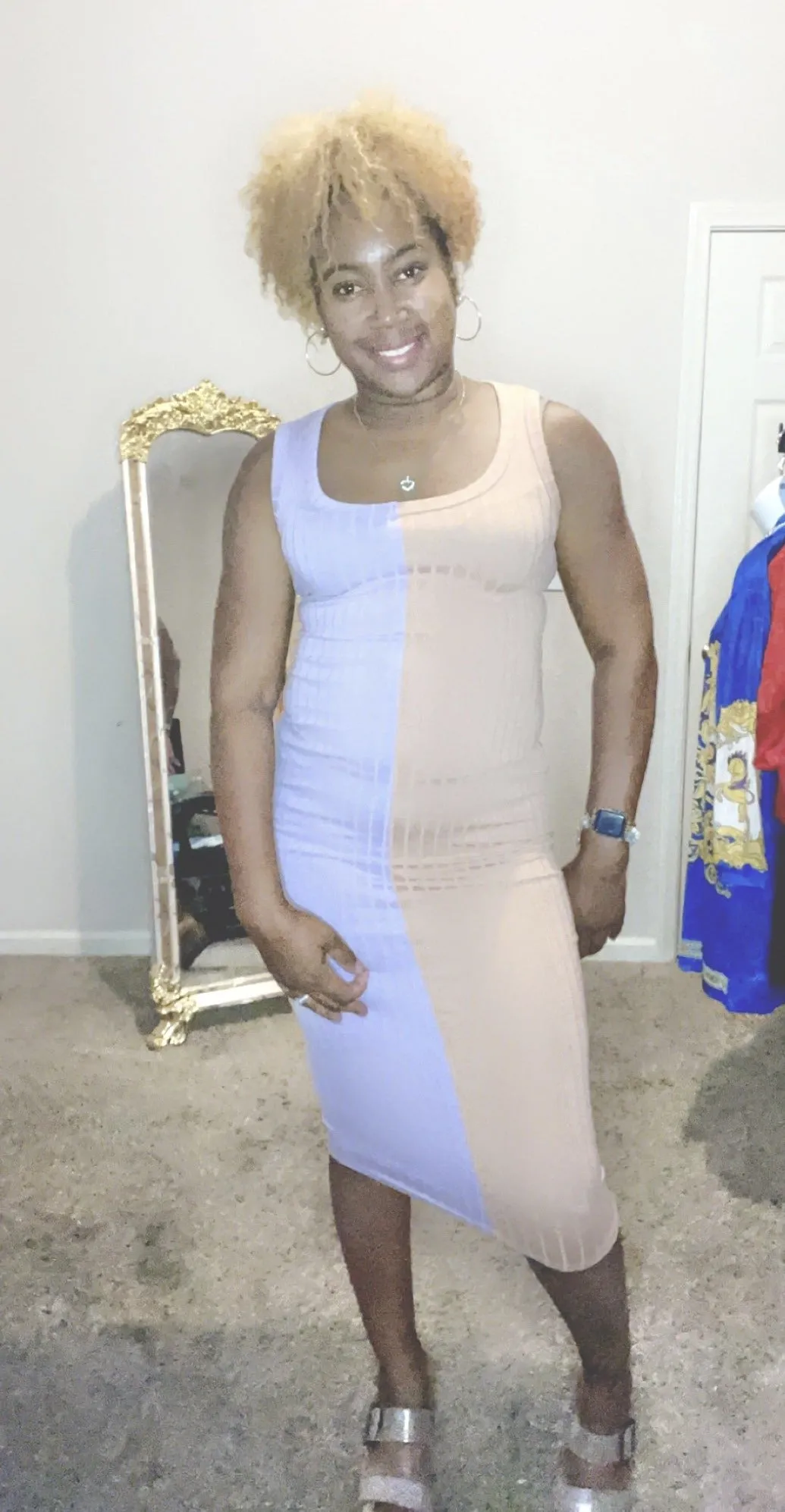 Casual Two-tone Midi Dress