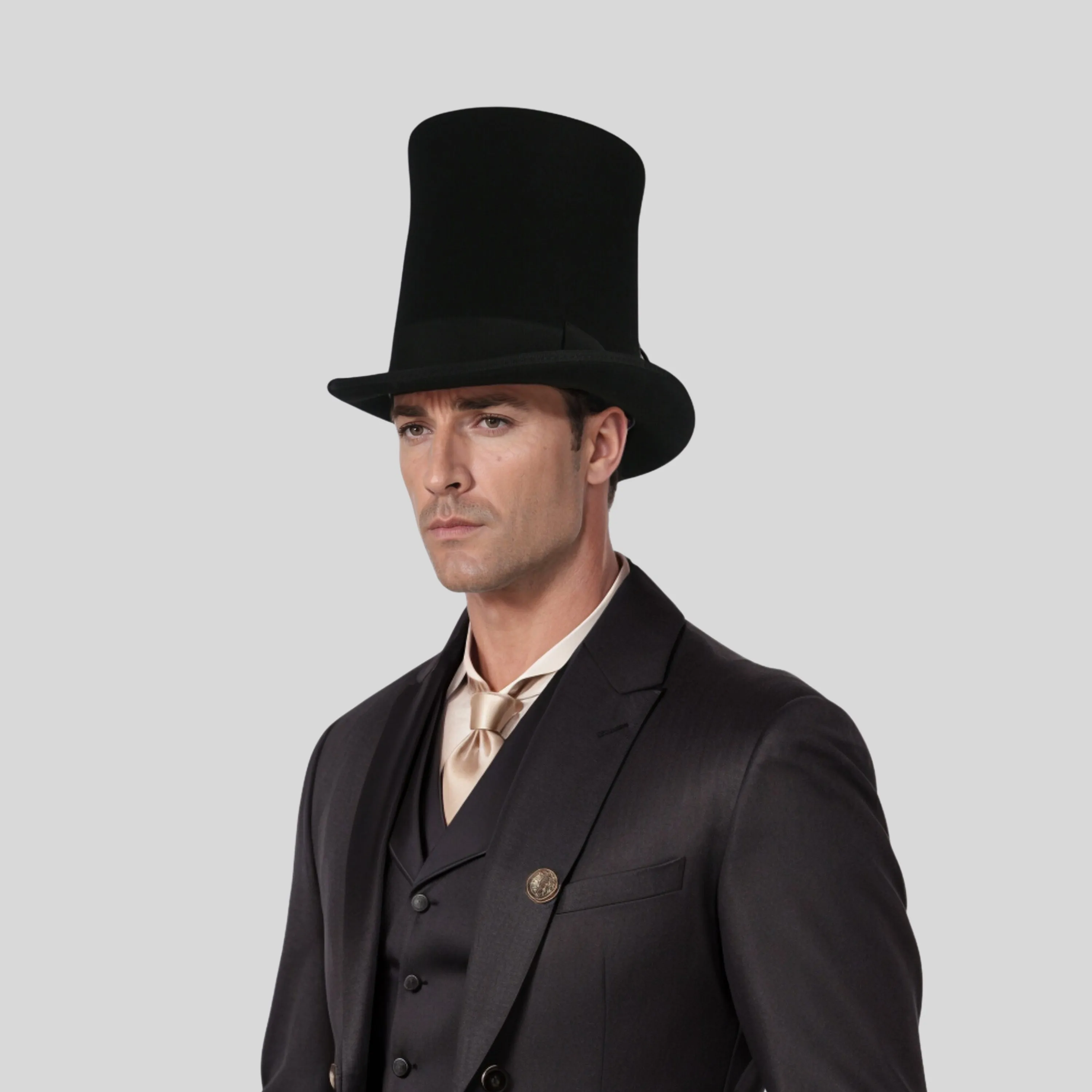 Classic High Crown Wool Felt Tall Top Hats with Removable Feather