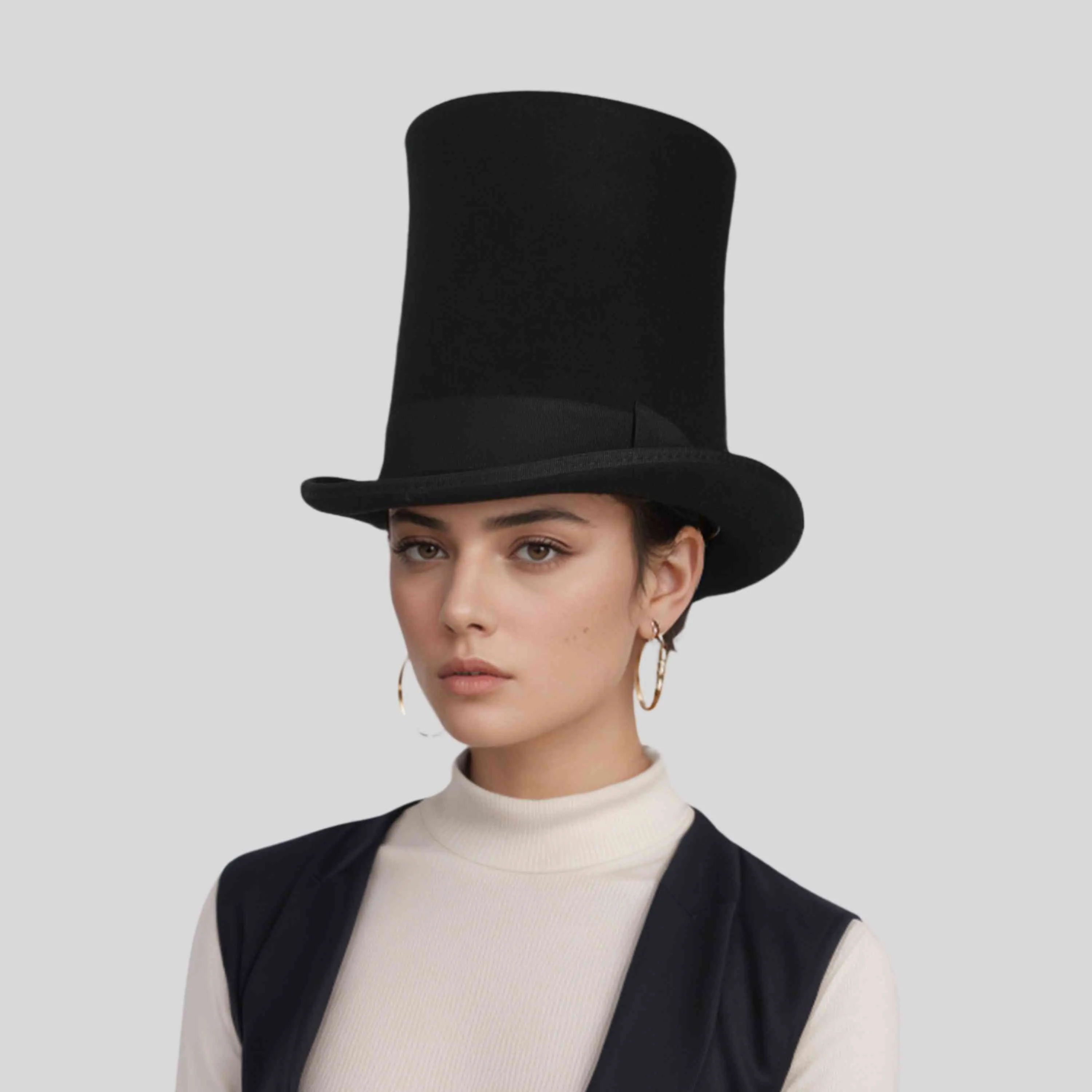 Classic High Crown Wool Felt Tall Top Hats with Removable Feather
