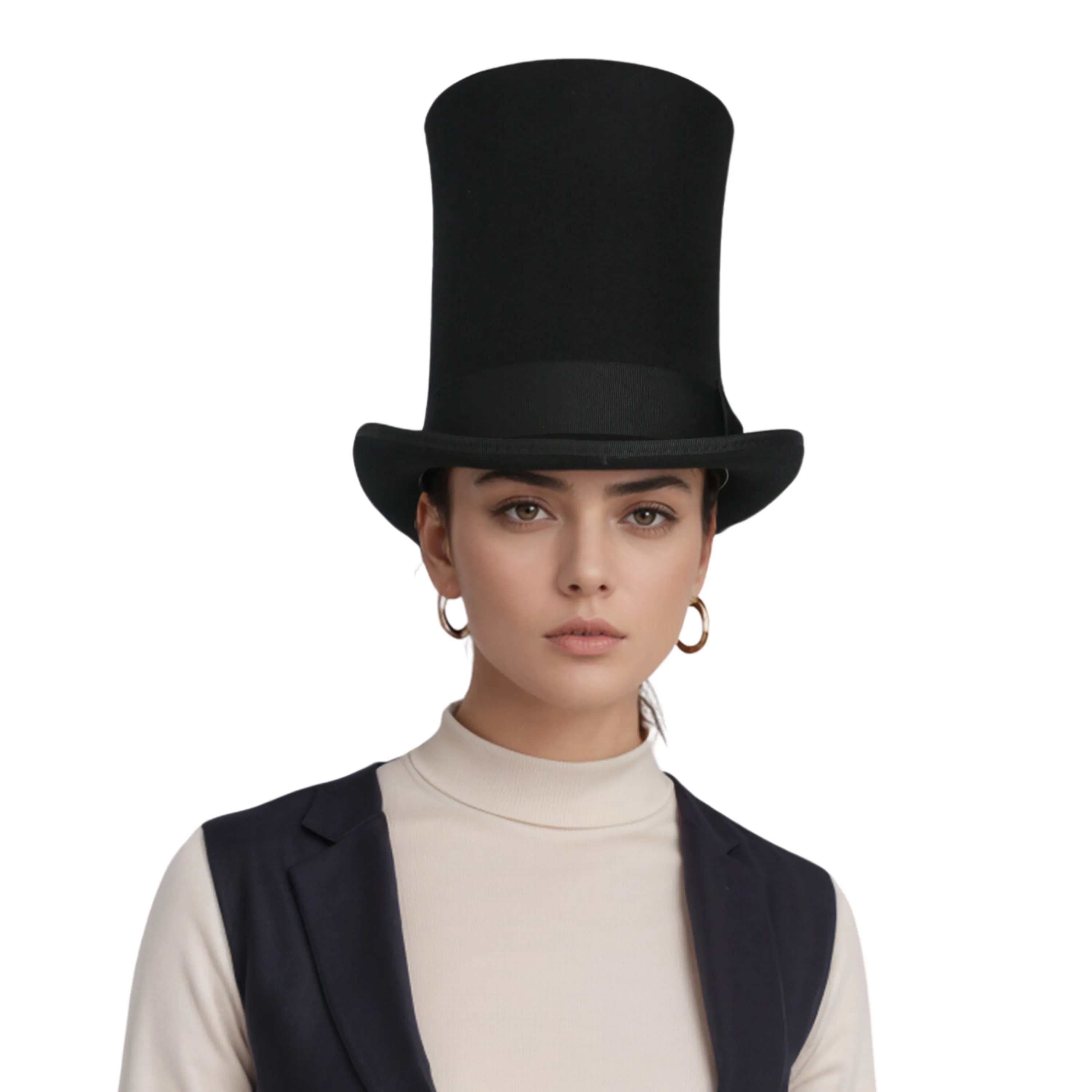 Classic High Crown Wool Felt Tall Top Hats with Removable Feather