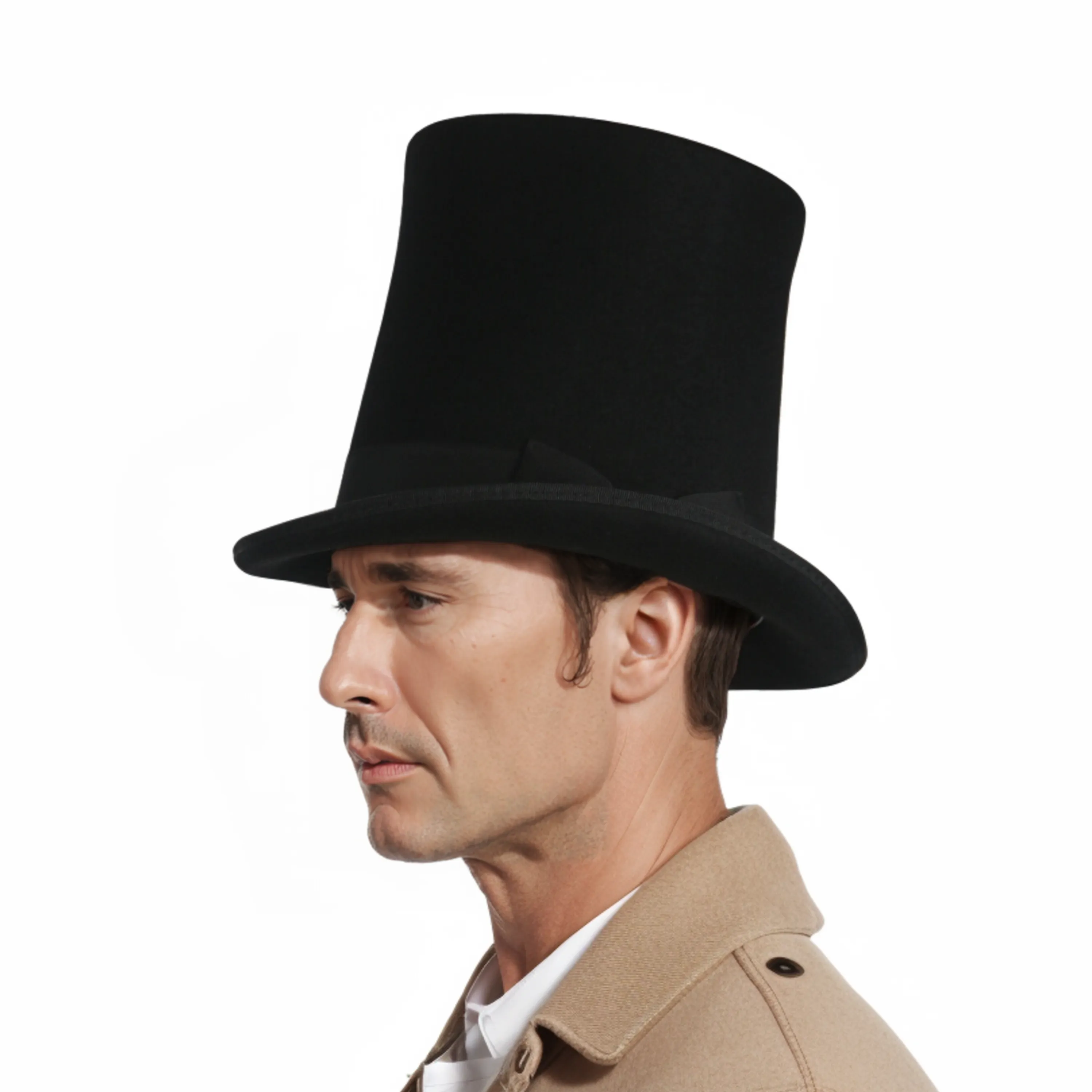 Classic High Crown Wool Felt Tall Top Hats with Removable Feather