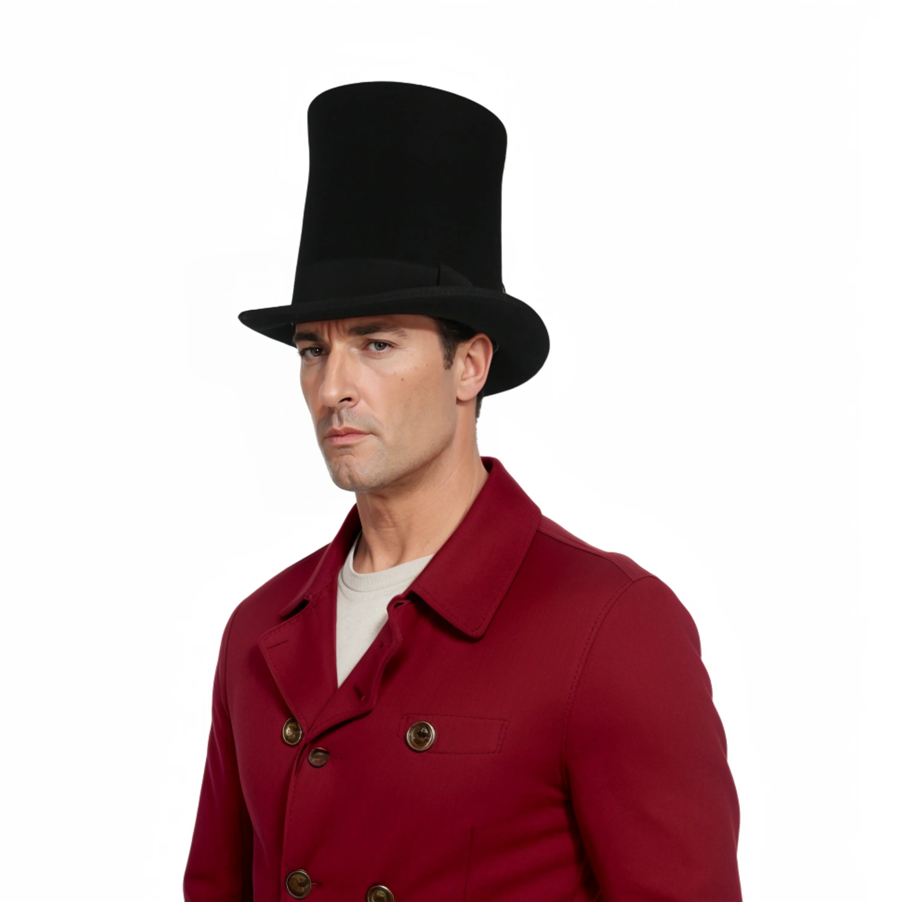 Classic High Crown Wool Felt Tall Top Hats with Removable Feather