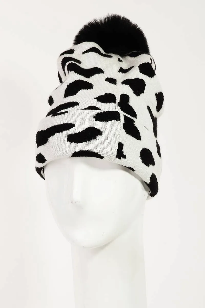 Cow Print Beanie: Fuchsia
