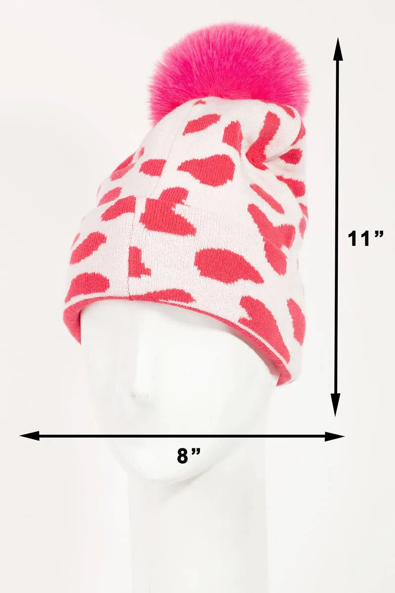 Cow Print Beanie: Fuchsia