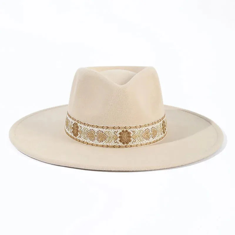 Cream Gold-Trim Wide Brim Fedora – Boho Luxe Hat for Women’s Summer Style