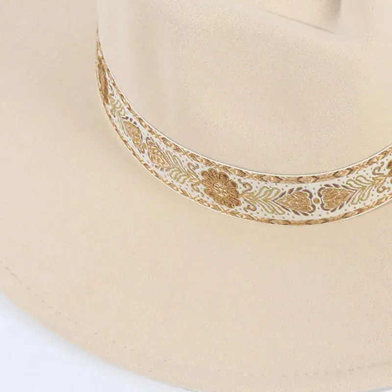 Cream Gold-Trim Wide Brim Fedora – Boho Luxe Hat for Women’s Summer Style