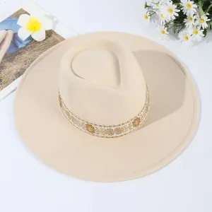 Cream Gold-Trim Wide Brim Fedora – Boho Luxe Hat for Women’s Summer Style